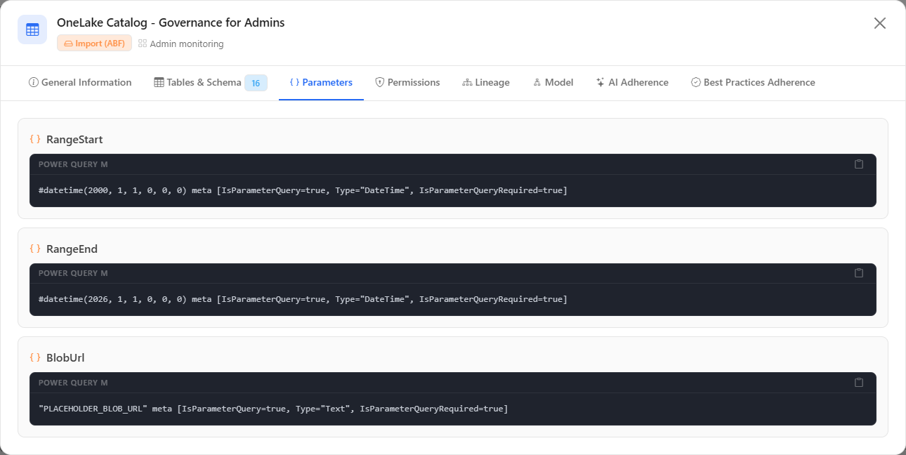 Parameters tab with the global expressions in Power Query M