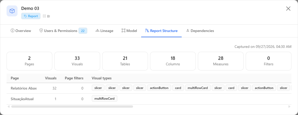 Report Structure tab of the details modal, with totals of pages, visuals, tables, columns, measures and filters