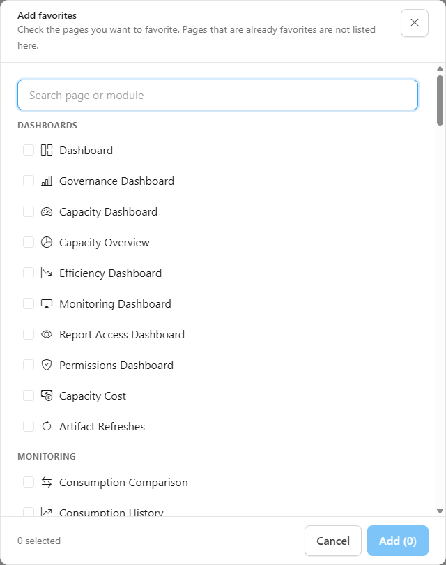 Add favorites window with the search field and the screens grouped by domain