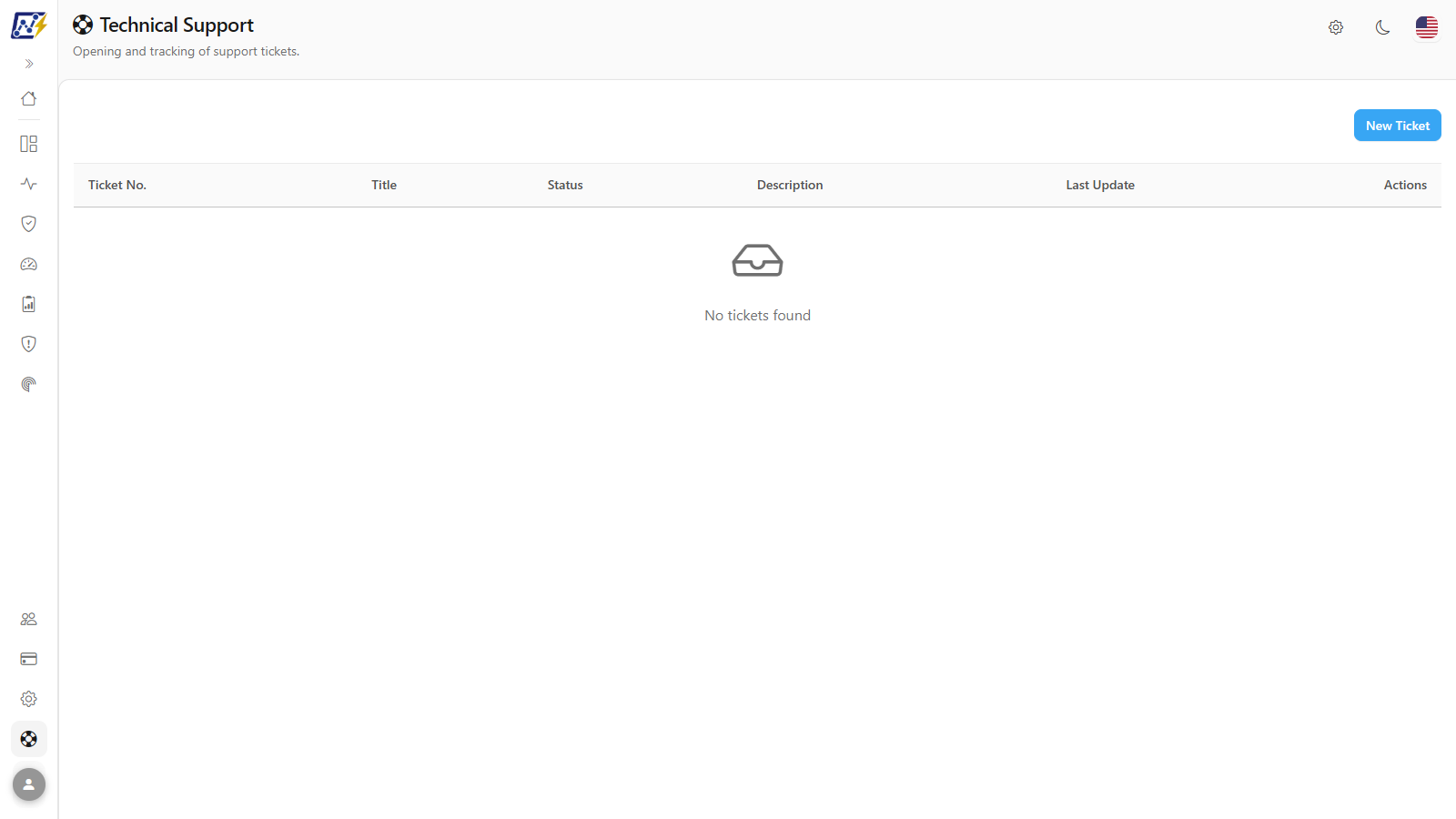 Technical Support screen with the organization's list of tickets