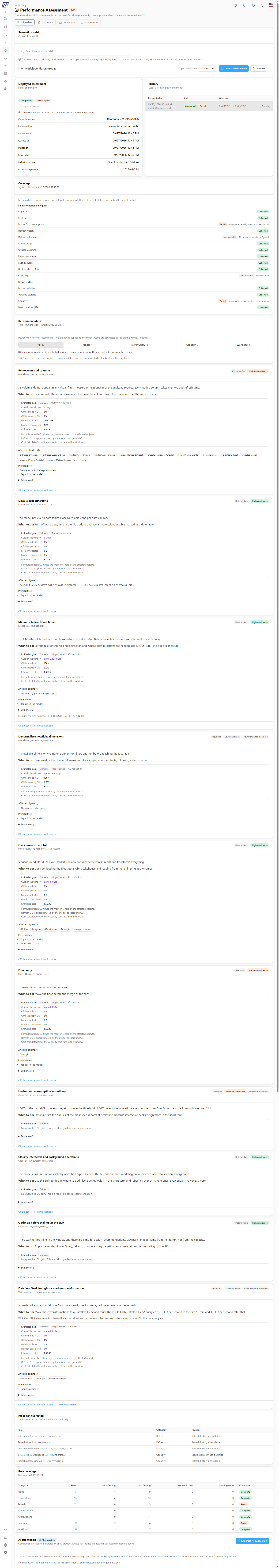 Performance Assessment screen with a semantic model selected and a completed assessment