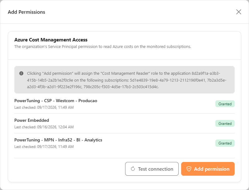 Add Permissions modal with the list of subscriptions and the Test connection and Add permission buttons