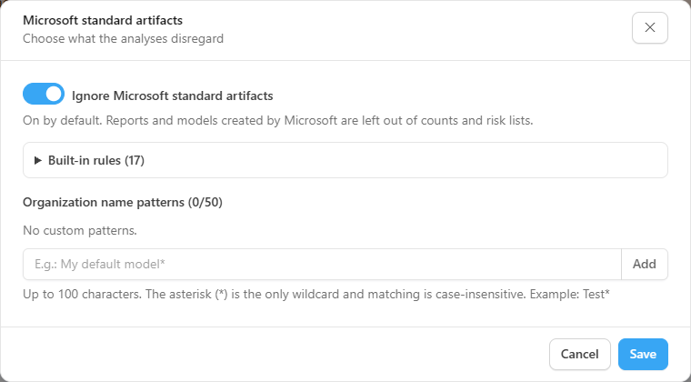 Microsoft standard artifacts window with the Ignore Microsoft standard artifacts switch, the built-in rules and the organization name patterns