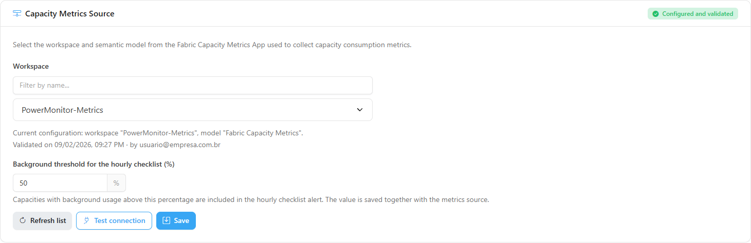 Capacity Metrics Source card with workspace and semantic model selection