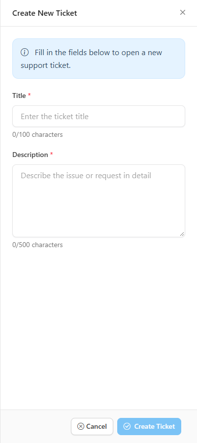 Create New Ticket side panel with the Title and Description fields
