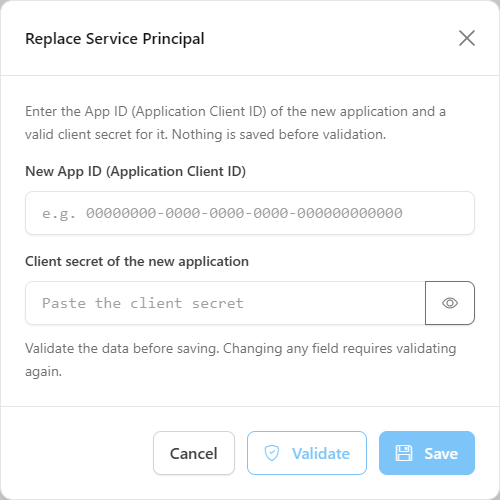 Replace Service Principal modal with the App ID and client secret fields