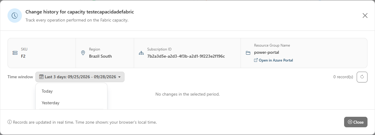 Time window selector open in the change history
