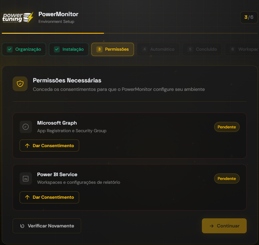 Required Permissions step with the Microsoft Graph and Power BI Service cards