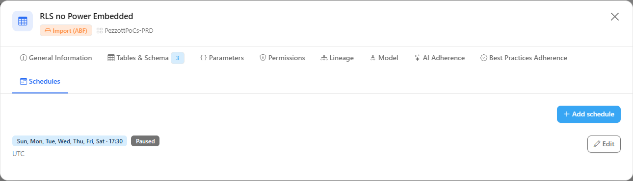 Schedules tab of the semantic model modal with the refresh schedule summary