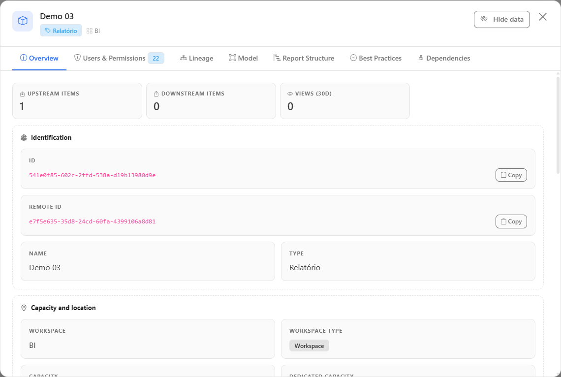 Details modal of a report on the Overview tab, with ID, workspace, capacity, dates and authors