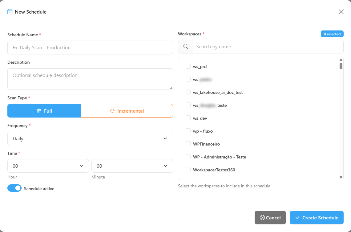 New Schedule form with name, description, scan type, frequency, time and list of workspaces
