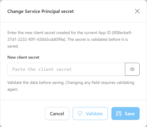 Change Service Principal secret modal