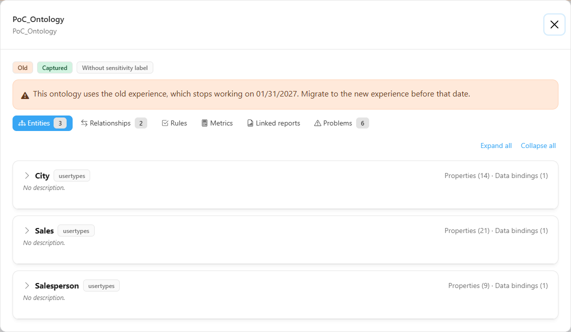Detail modal of an ontology on the Entities tab, with the entities collapsed and the Expand all button