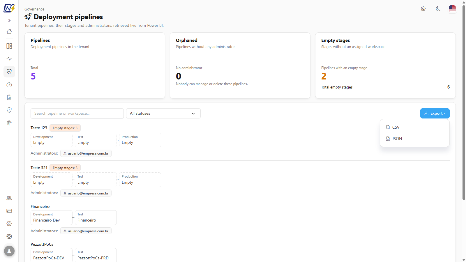Export menu open with the CSV and JSON options