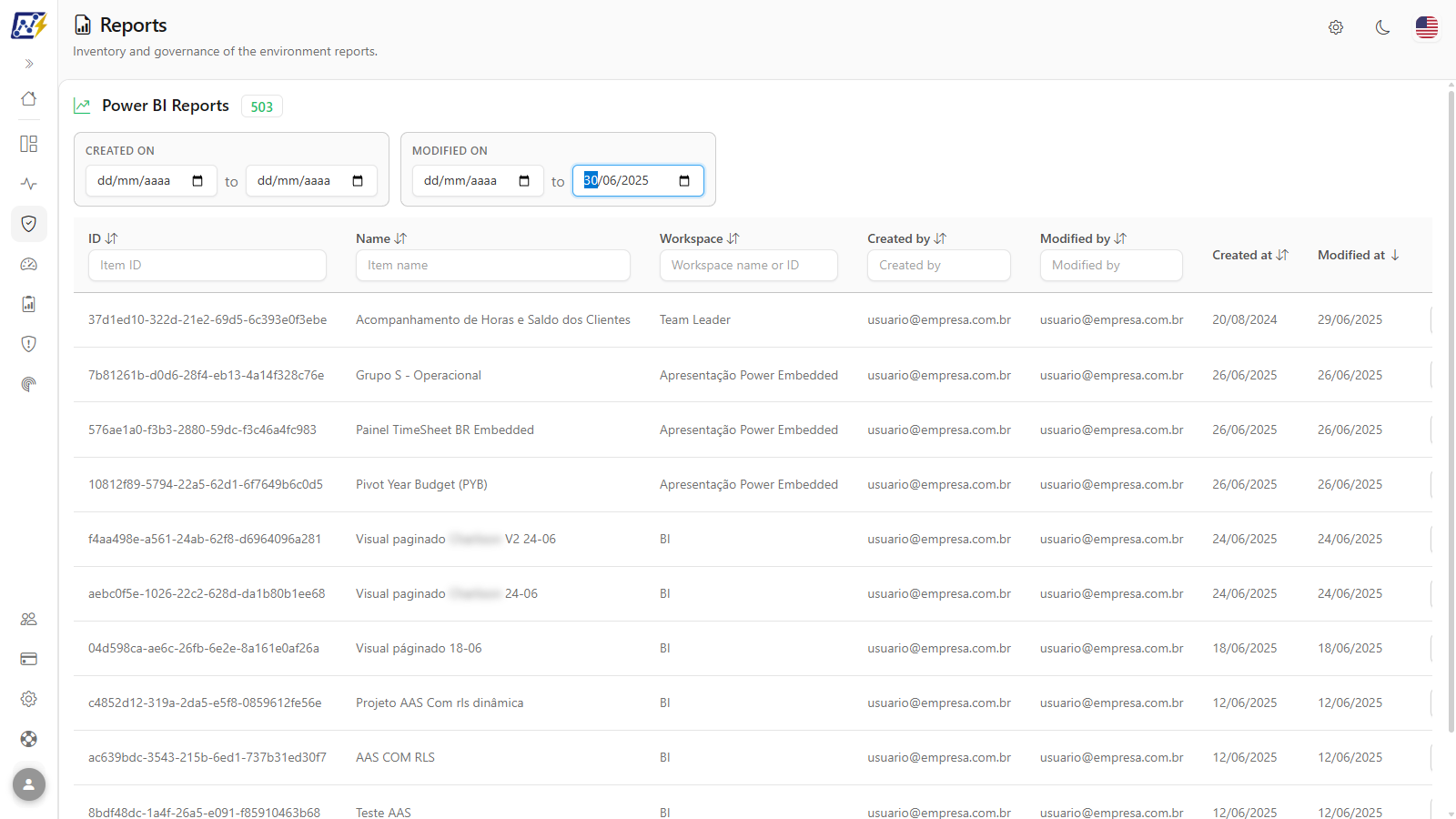 Created at and Modified at filters above the reports table, with the modification end date filled in