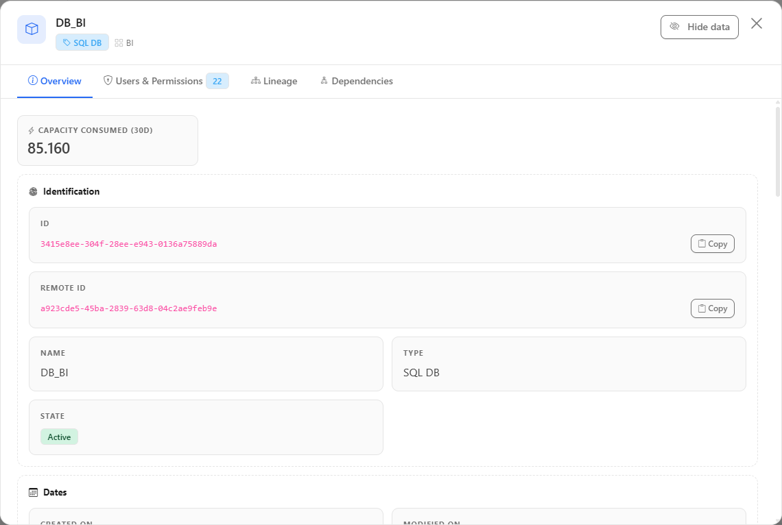 Details modal of a Lakehouse on the Overview tab with ID, name, type, workspace and dates