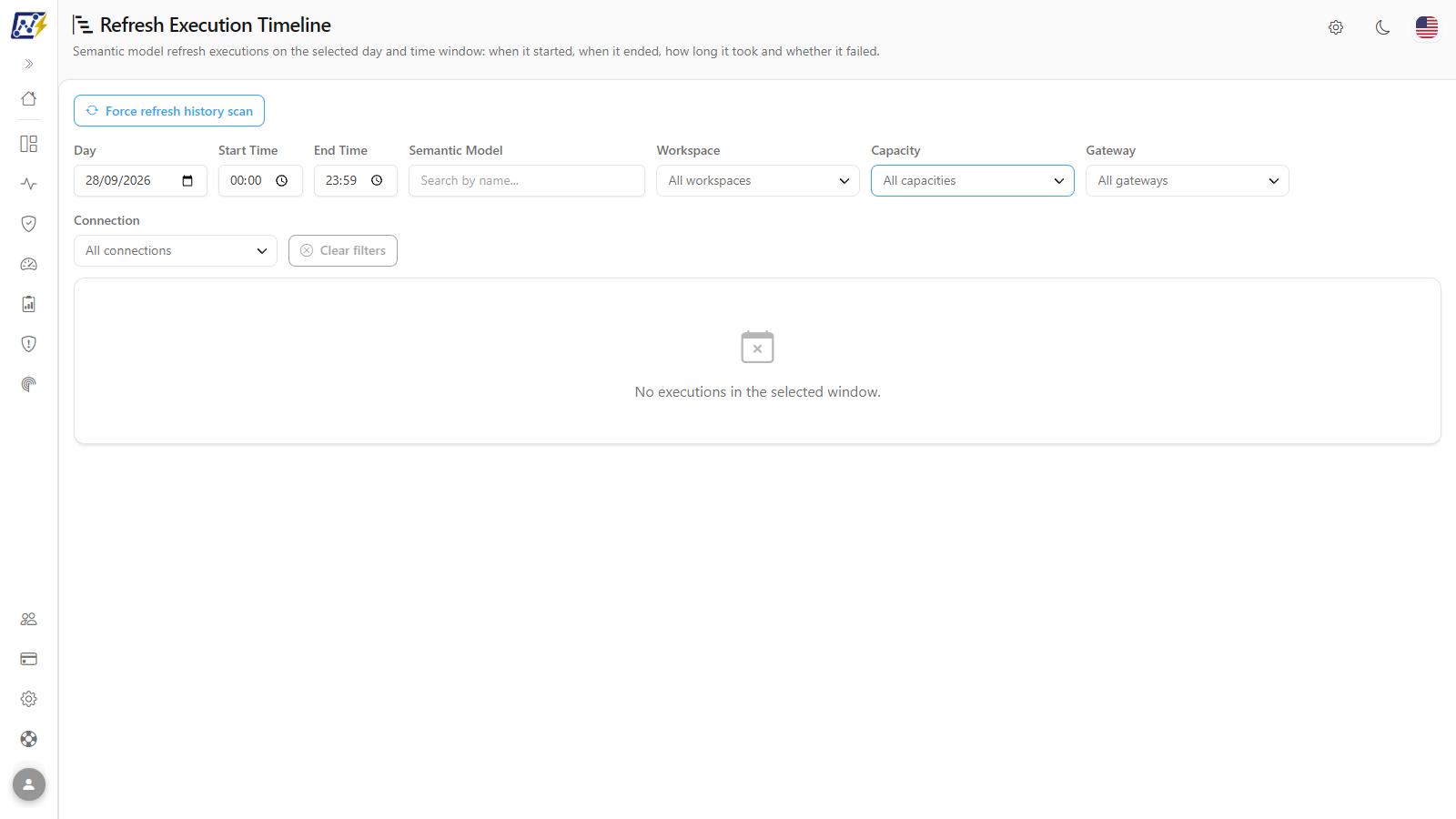 Timeline Capacity filter open, with search and the No capacity option