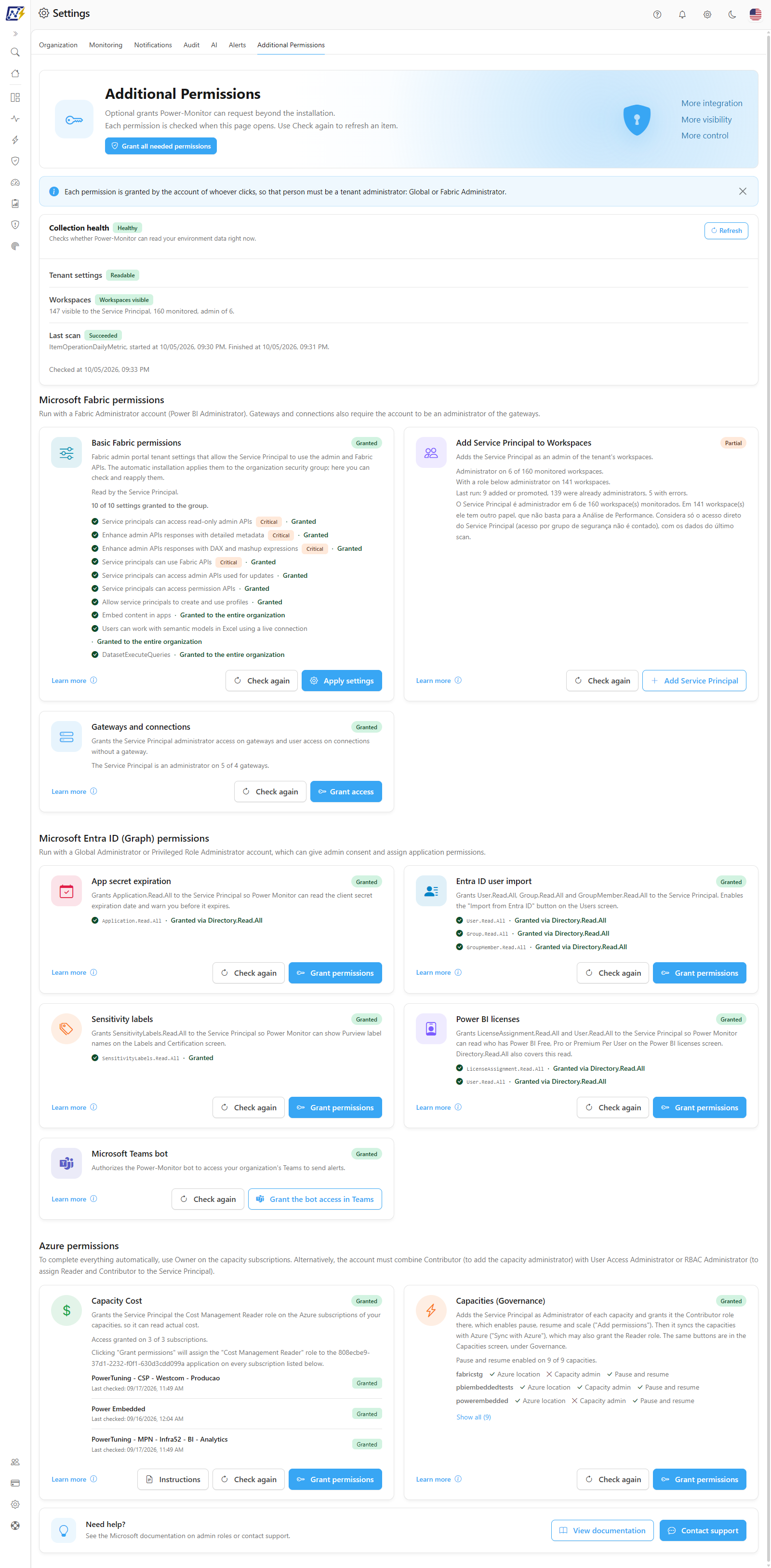Additional Permissions tab with the Fabric, Entra ID and Azure groups