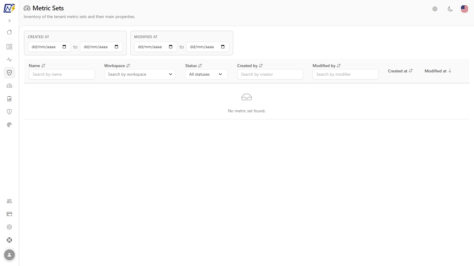 Metric Sets screen with the table and the filters in the header