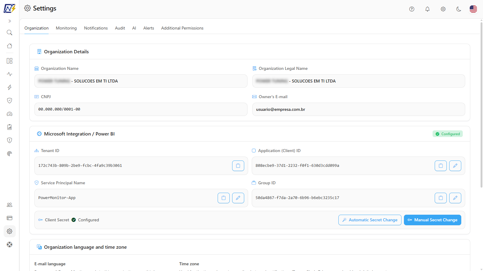 Settings area with the seven tabs
