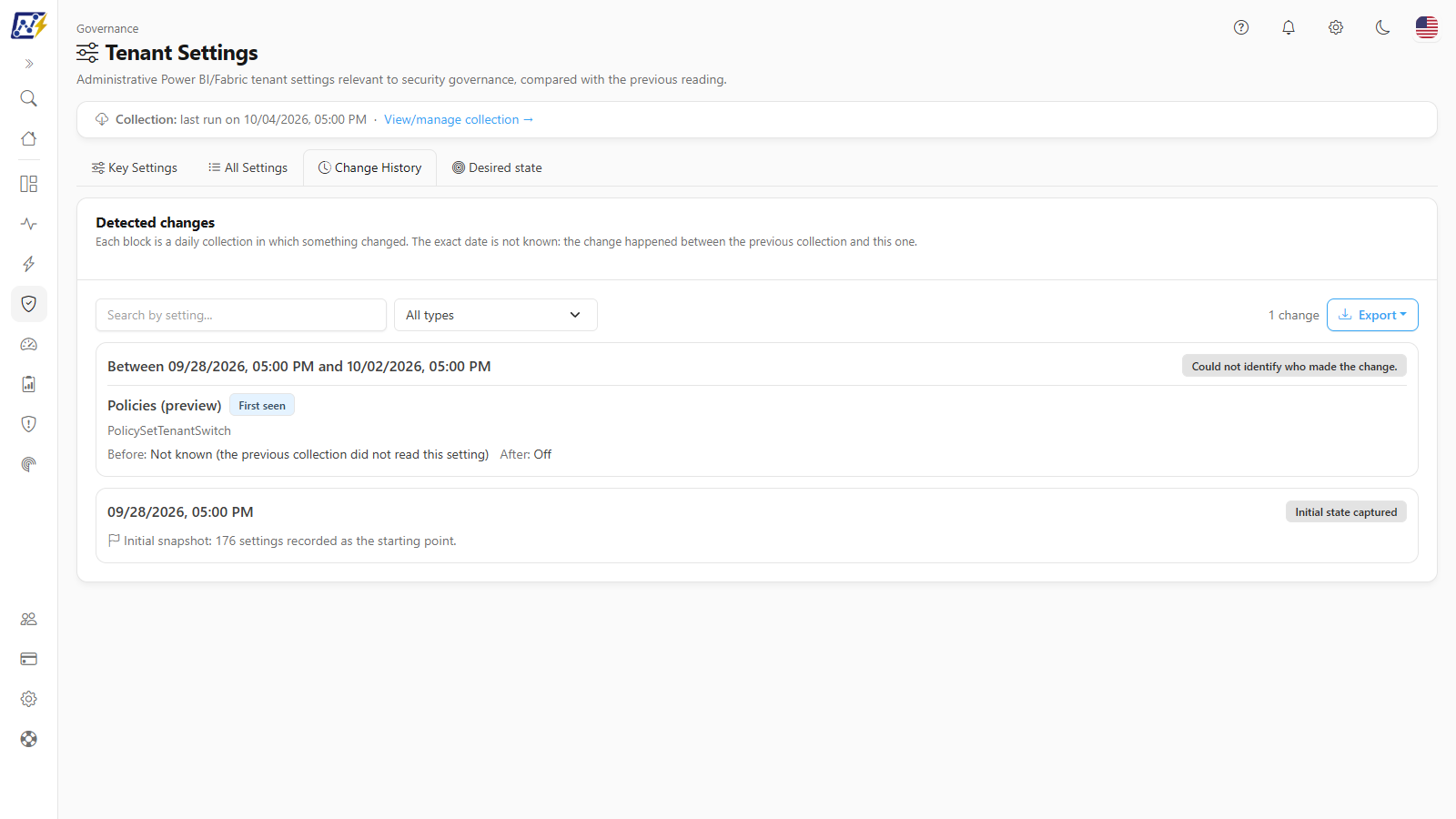 Change History tab with the blocks per collection, the before and after of each setting and the groups added and removed