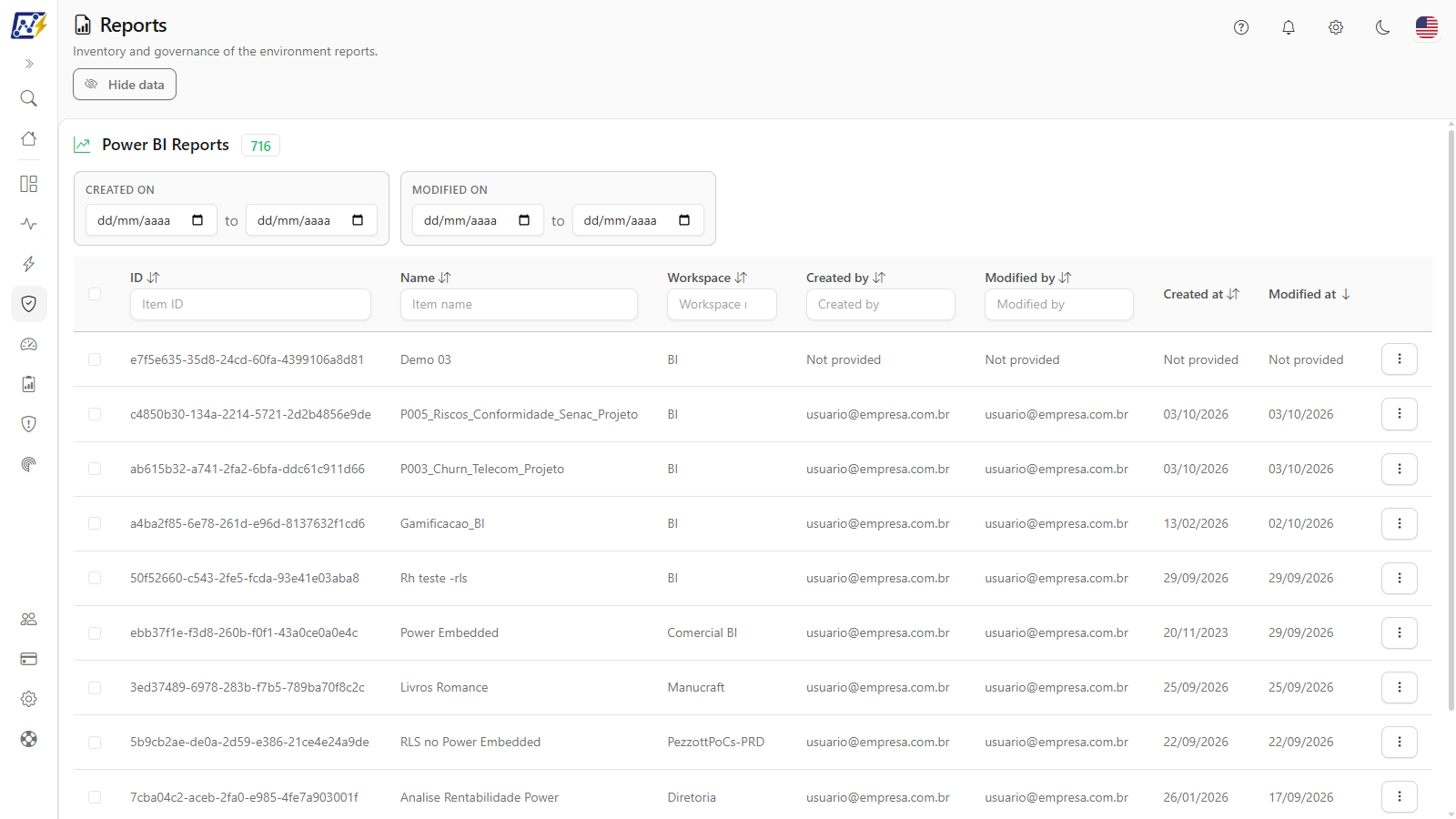 Actions menu of a row of the Reports screen with the Open details submenu open