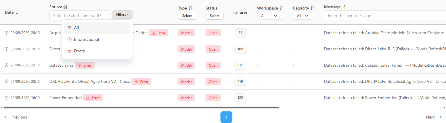 Filters menu open with the options All, Informational and Errors