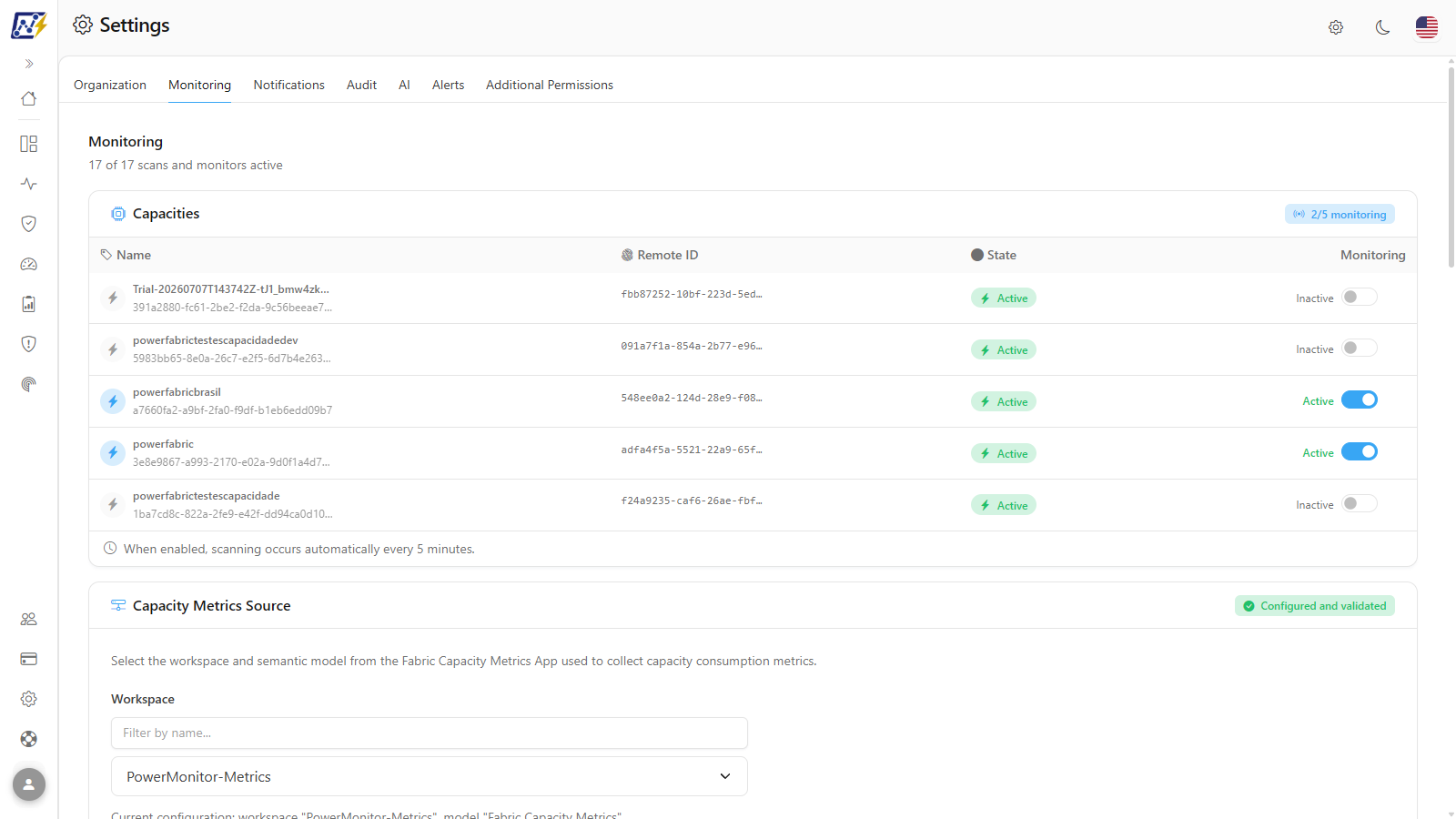 Monitoring tab in Settings with the Capacities and Capacity Metrics Source cards