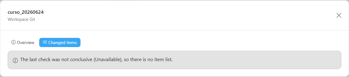 Git details modal of a workspace on the Changed items tab, with the Item, Type, In the workspace, In the branch and Conflict columns