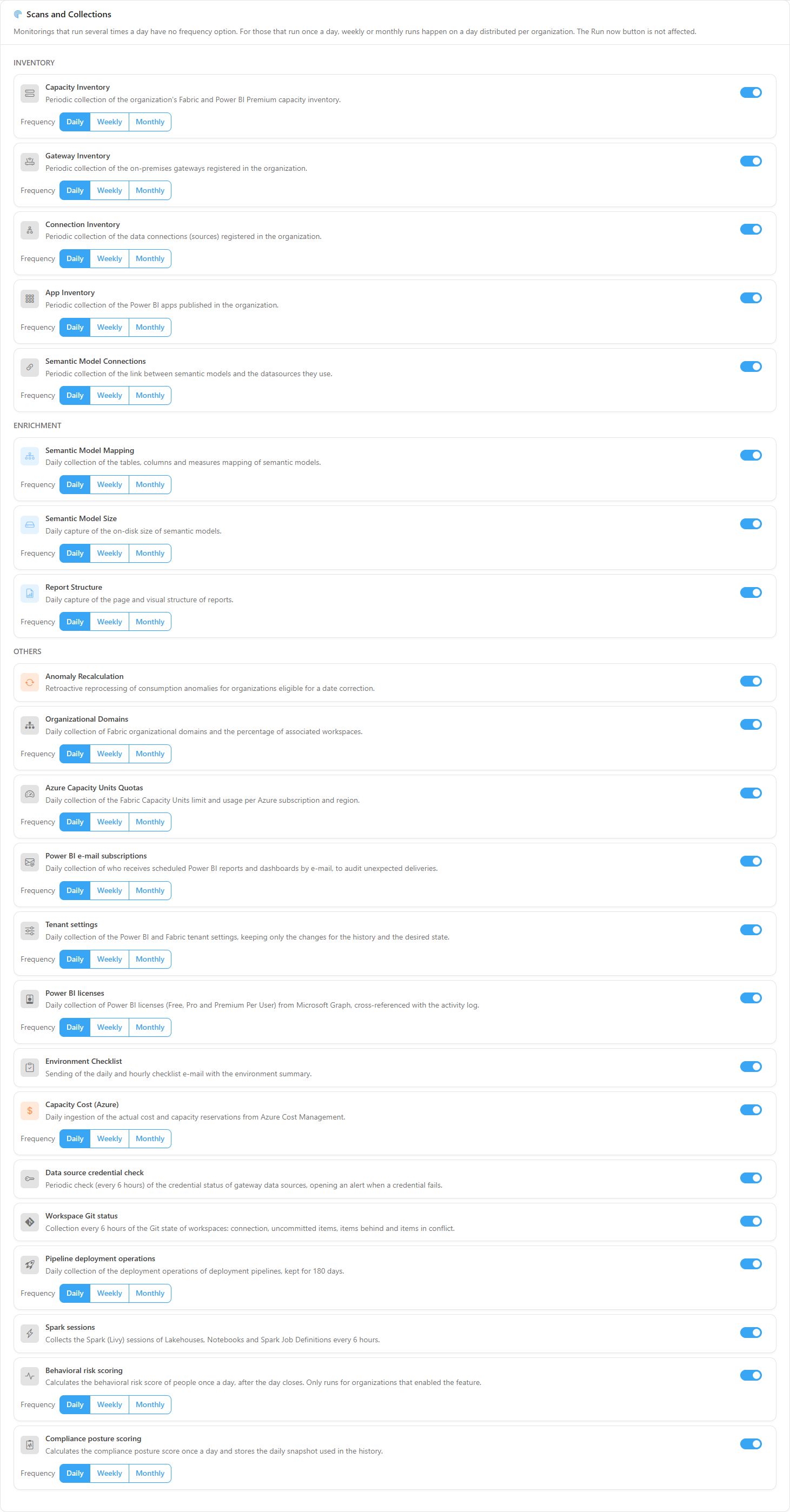 Scans and Collections section with the Inventory, Enrichment and Others groups and the frequency selector