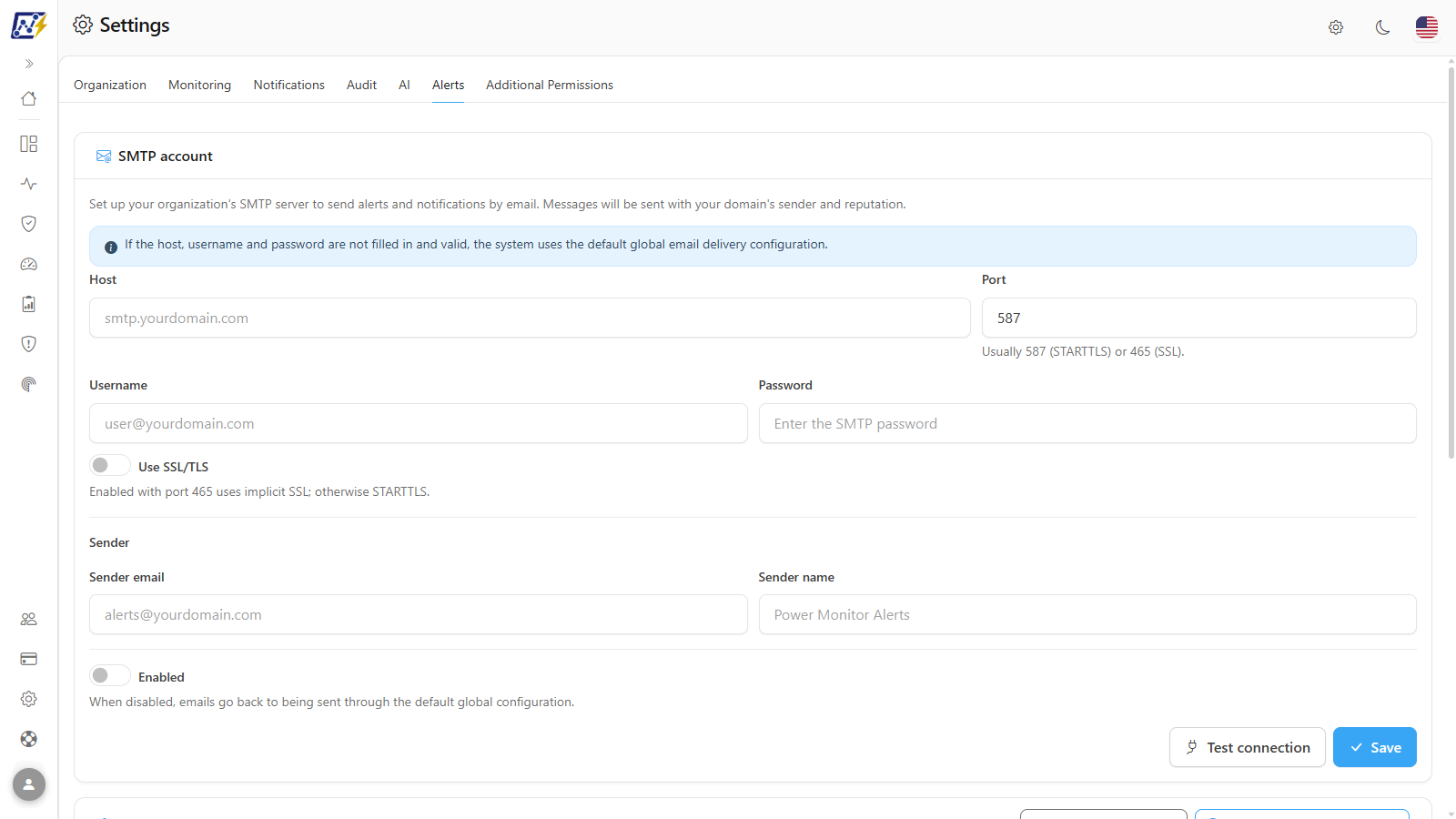 Alerts tab with the SMTP account and the Teams, Slack and Telegram sections