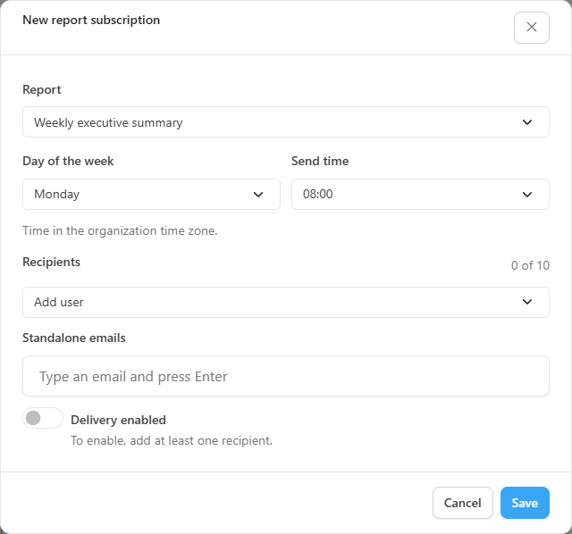 New report subscription modal with type, day, time, recipients, and the Delivery enabled switch