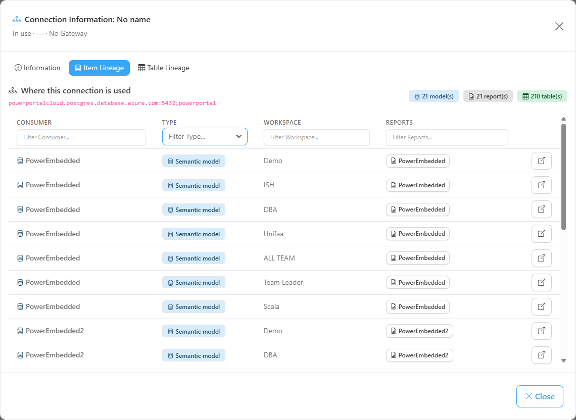 Item Lineage Type filter open, with the consumer types and Clear selection