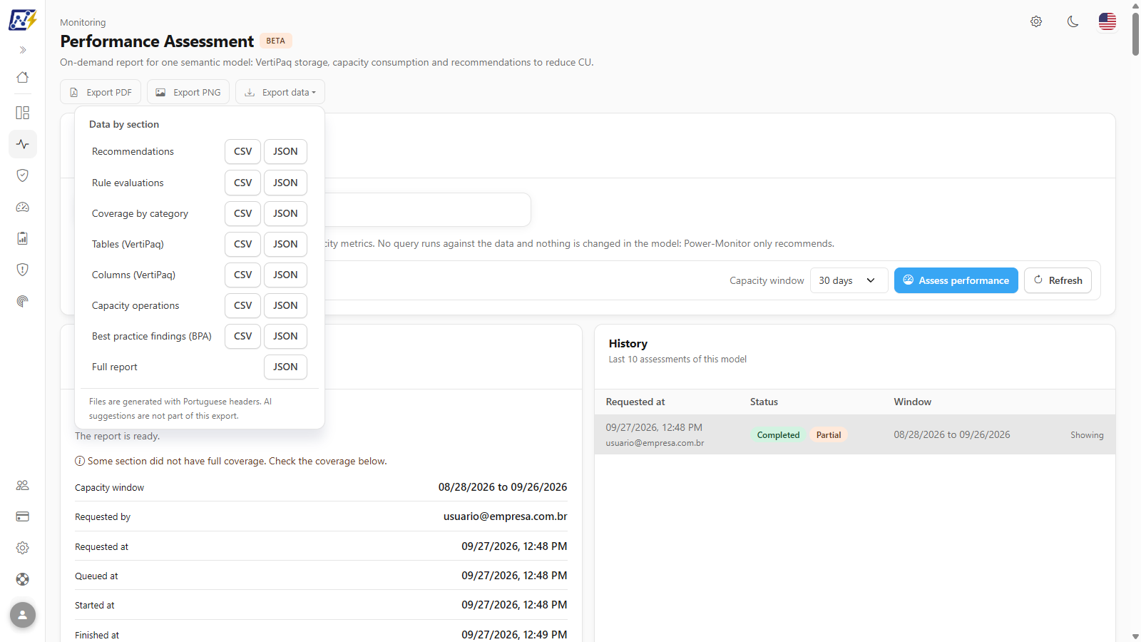 Export data menu open with the sections and the CSV and JSON formats