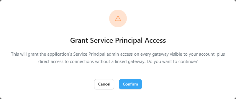 Grant Service Principal Access modal with the Confirm and Cancel buttons