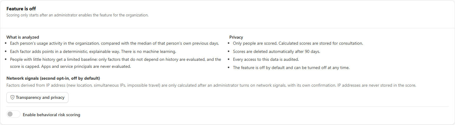Feature is off card with the What is analyzed and Privacy blocks, the second opt-in for network signals and the Enable behavioral risk scoring button