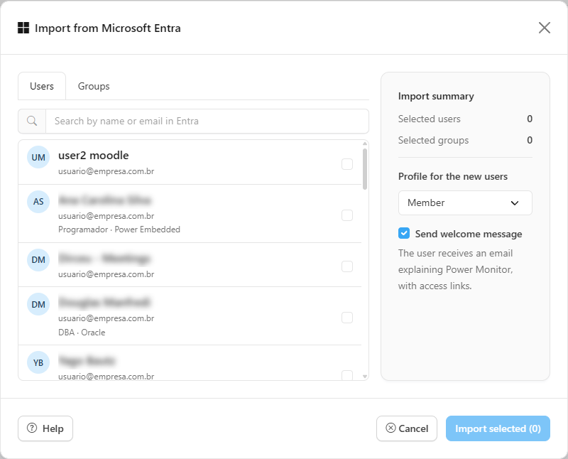 Import from Microsoft Entra modal with the Users and Groups tabs