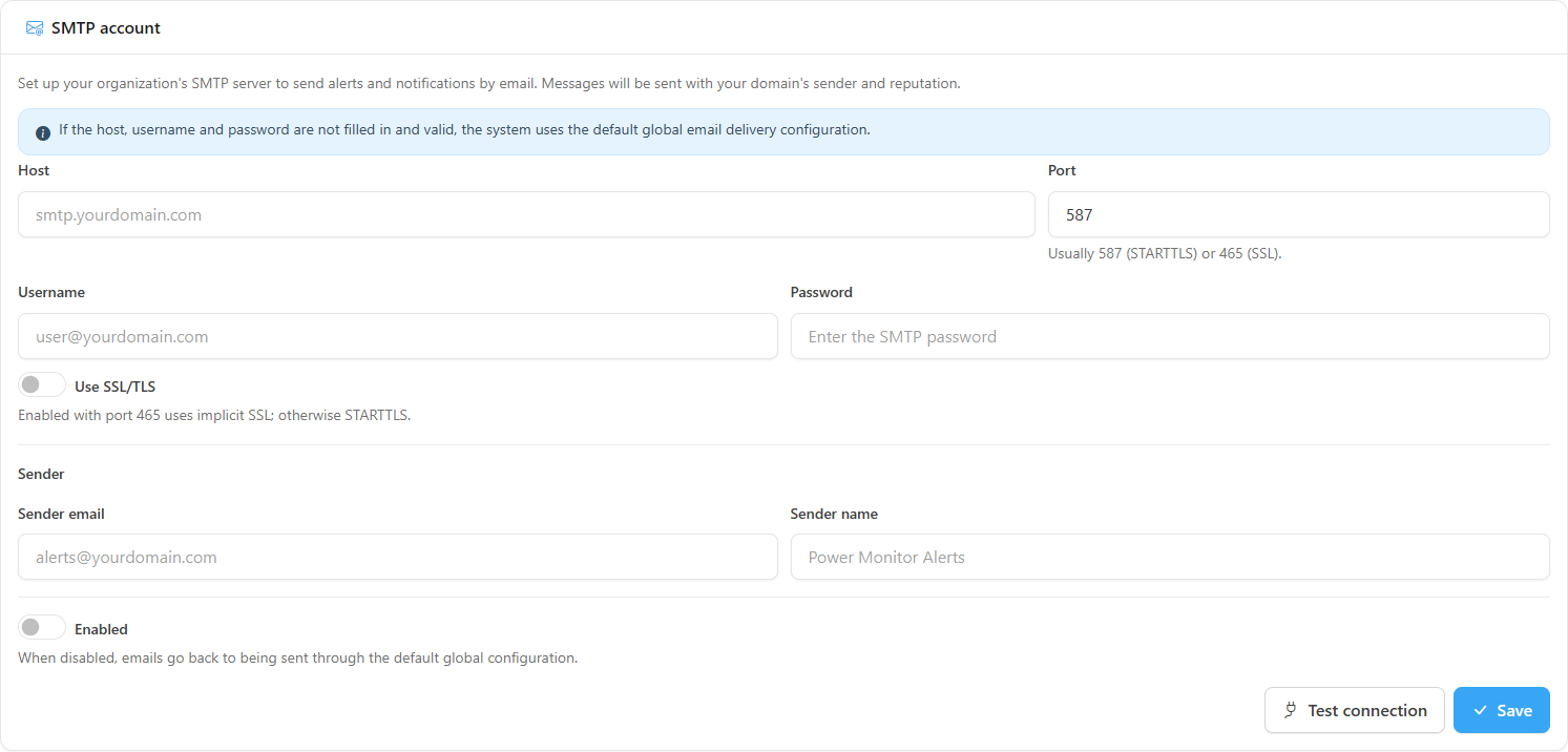 SMTP account form with server, port, user, password and sender