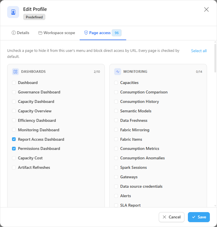 Editing the Audit profile on the Page access tab, with most pages unchecked