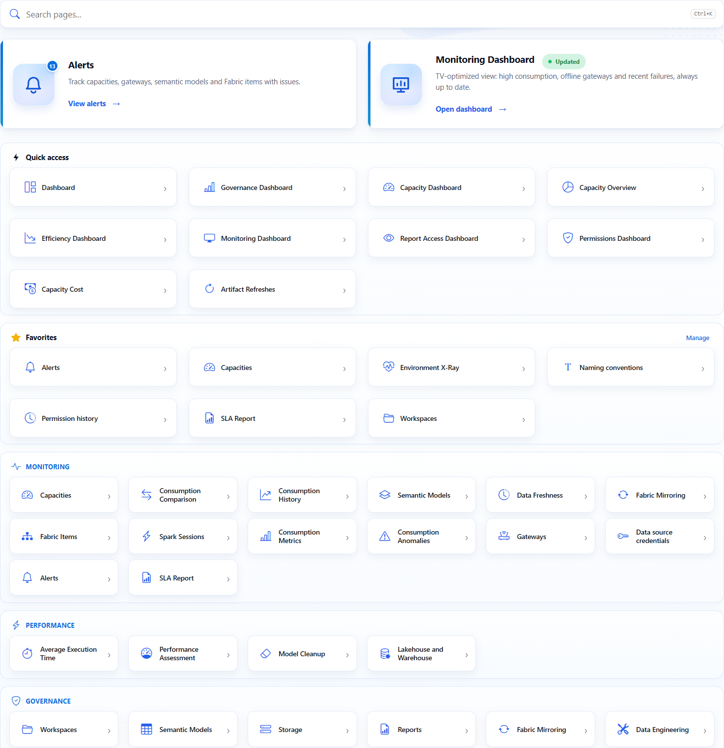 Monitoring, Performance, and Governance shortcut sections on the Home page
