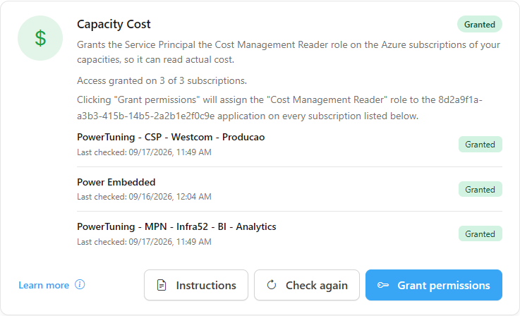 Capacity Cost card with the list of subscriptions and the Instructions and Grant permissions buttons