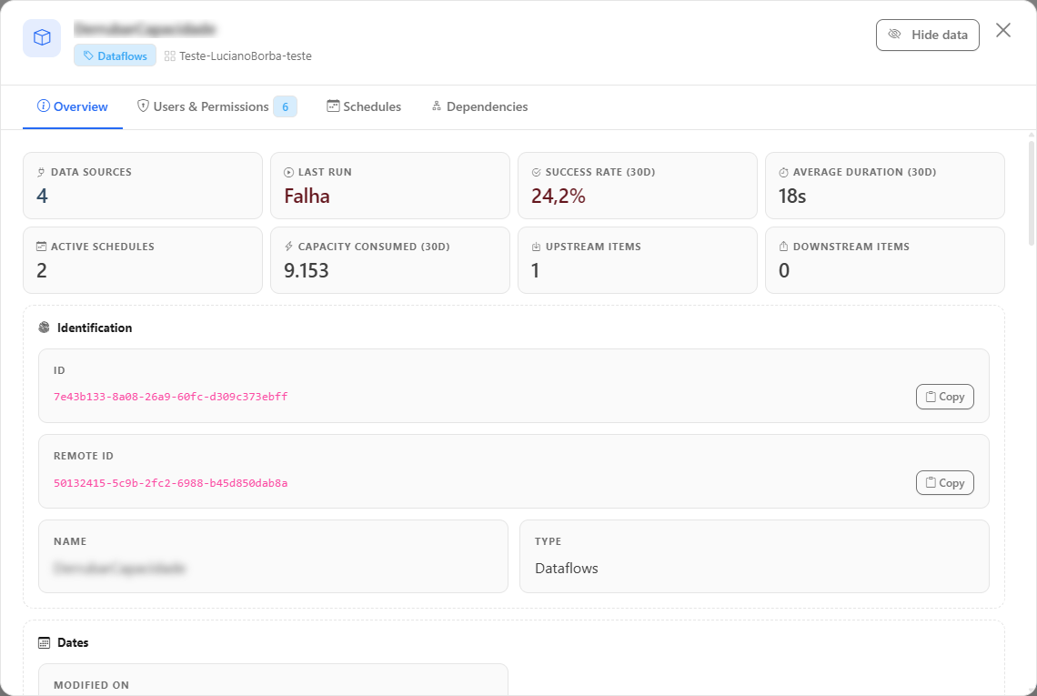 Details modal of a Data Pipeline on the Overview tab