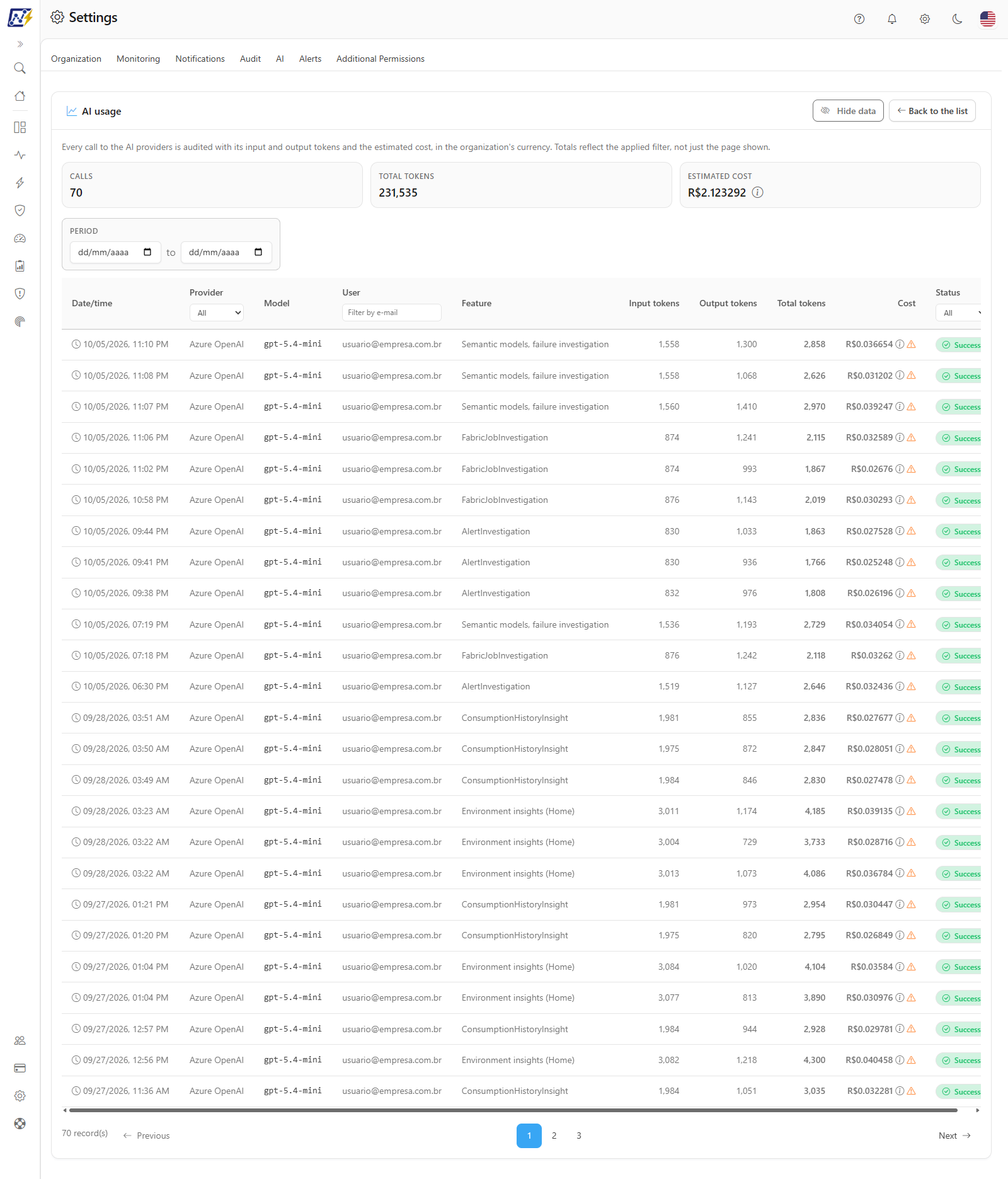 AI usage screen with totals, filters and the table of calls