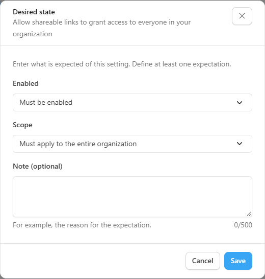 Desired state window with the Enabled, Scope and Note fields