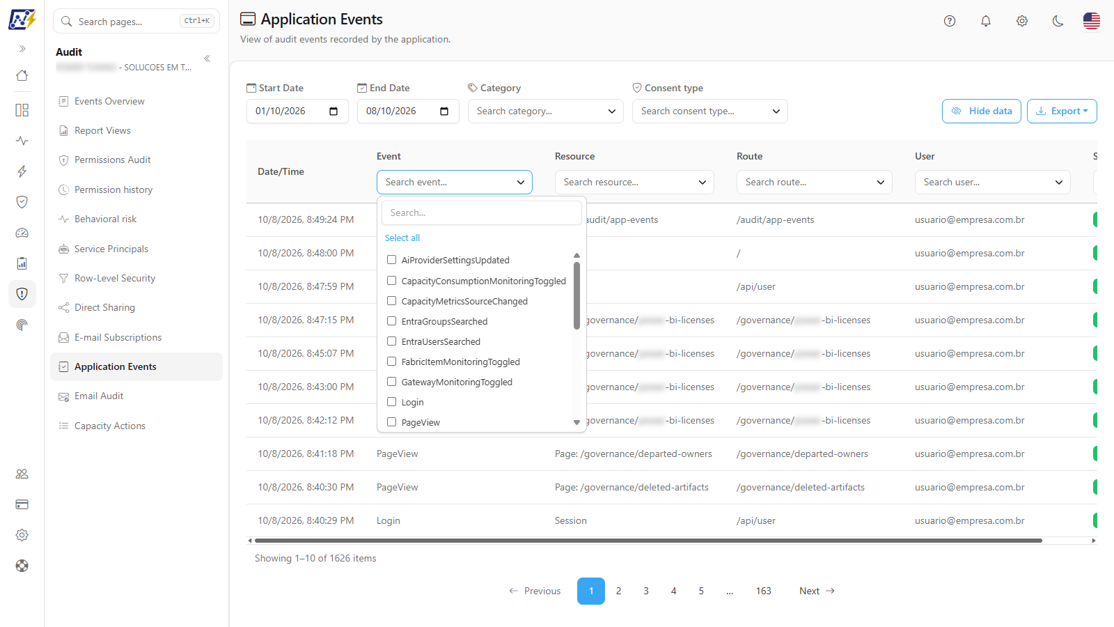 Event filter open with the Search box and the options found