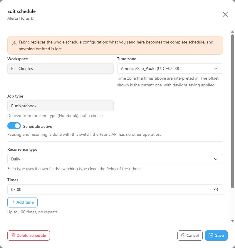 Edit schedule form with the notice that the entire configuration is replaced