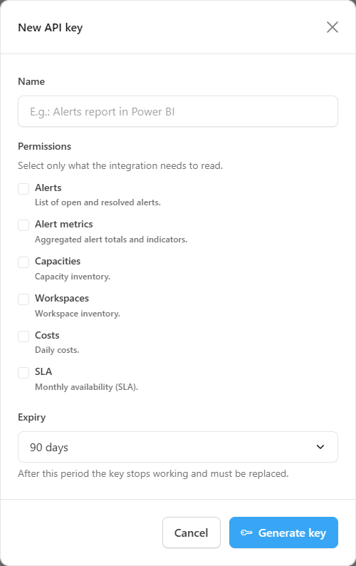 New API key modal with name, permissions and expiry