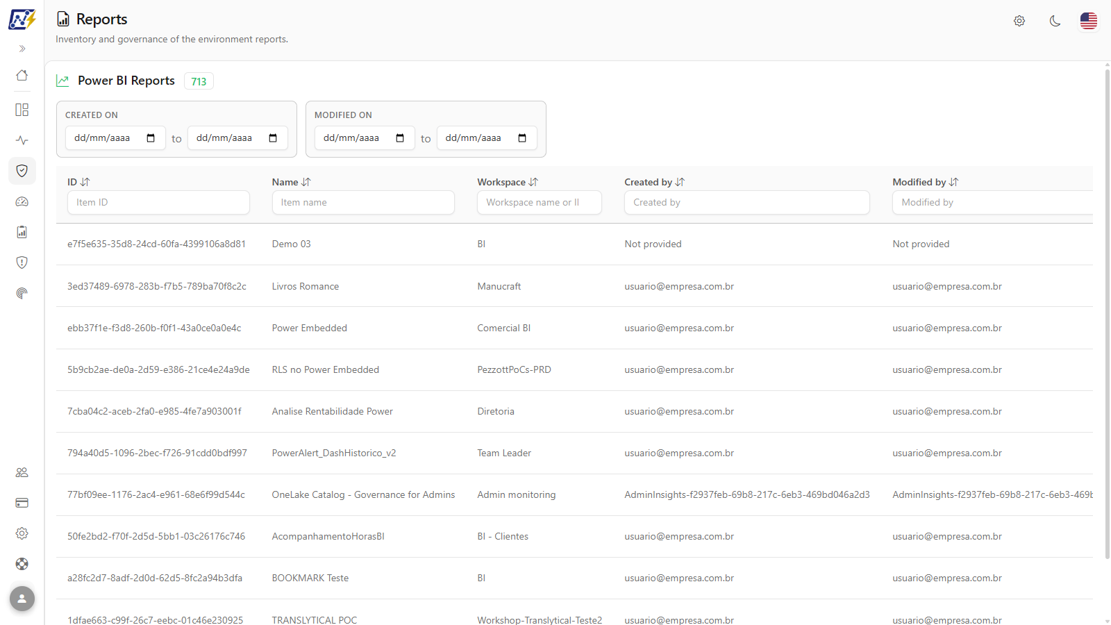 Power BI Reports inventory screen, with date filters and the reports table