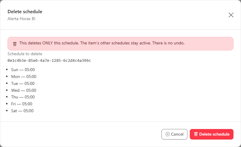 Delete schedule modal with the notice that only this schedule is deleted and the list of times that will be removed