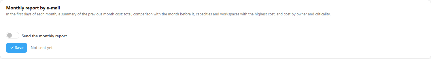 Monthly report by e-mail section with the Send the monthly report switch and the recipients